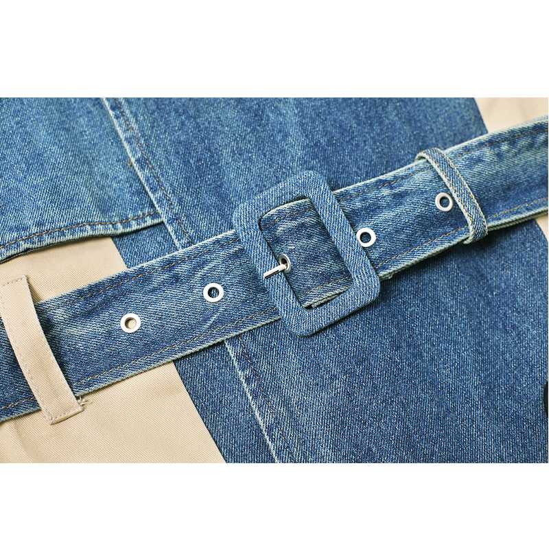 2020 Spring New Fashion Long Denim splice Trench Coat Women Double Breasted High Quality Windbreaker Women Slim Outerwear E00071