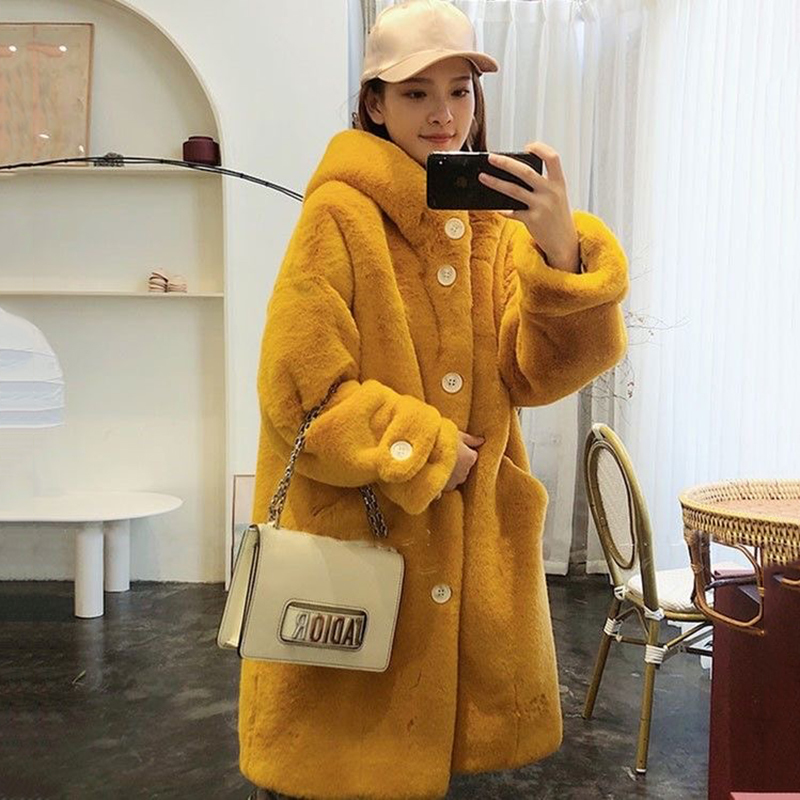Winter Women Plush long Coats warm thick Faux Rabbit Fur hooded Coats High Quality Long Fur Coat Korean big size loose OverCoat