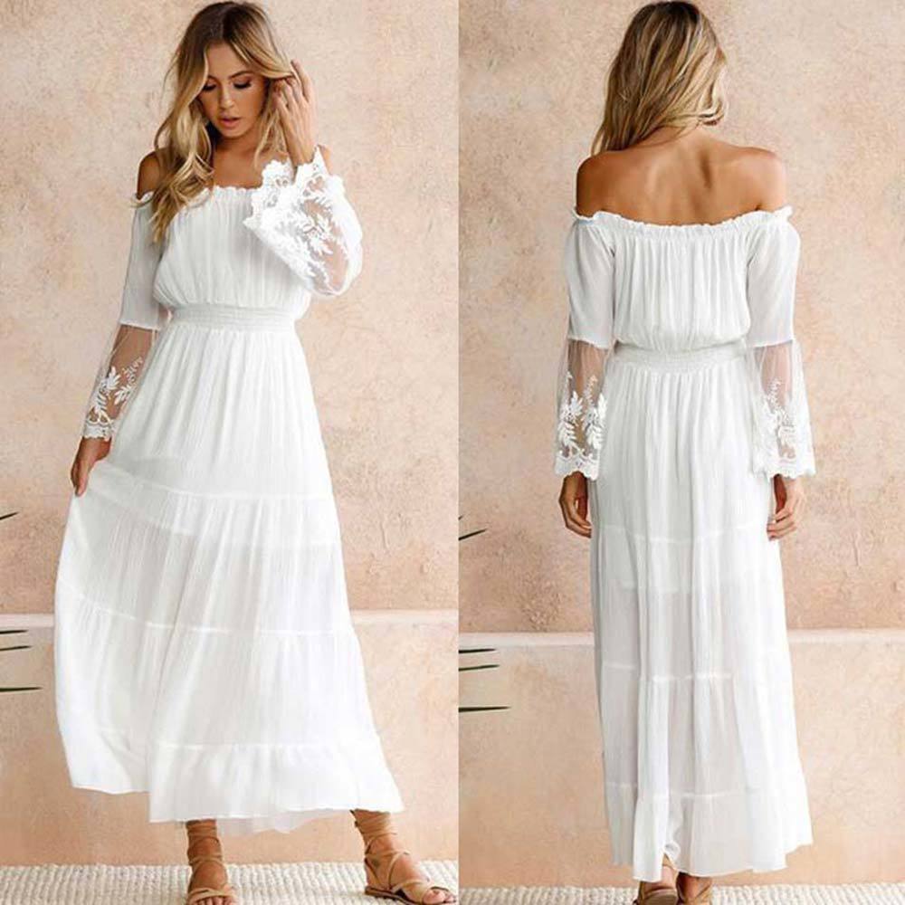 WildPinky Summer Sundress Women White Beach Dress Strapless Long Sleeve Loose Sexy Off Shoulder Lace Boho Chiffon Maxi Dress 200928