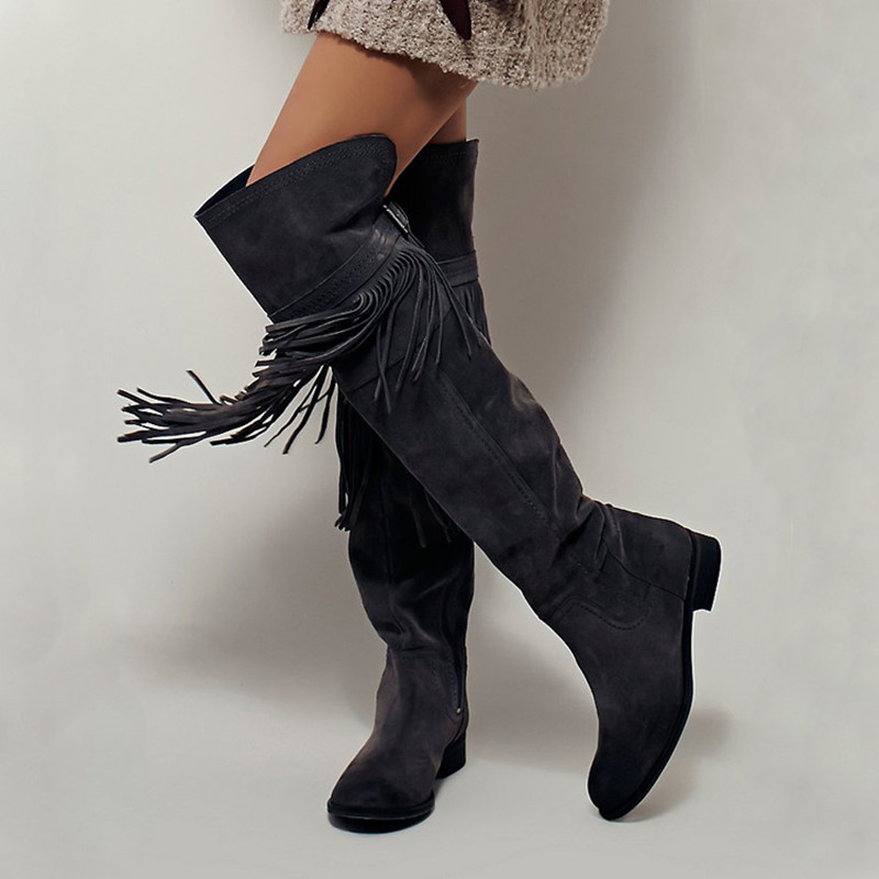 Western Dark Grey Suede Leather Thigh High Over The Knee Boots Flat Fringe Velvet Zipper Botas Mujer Invierno Shoes Woman, As picture 
Western Dark Grey Suede Leather Thigh High Over The Knee Boots Flat Fringe Velvet Zipper Botas Mujer Invierno Shoes Woman, As picture