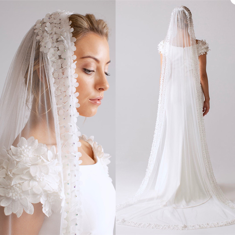 Wedding Bridal Veils Applique Edge Beads Bride Wraps White Ivory Soft Tulle White Ivory One Layer With Comb