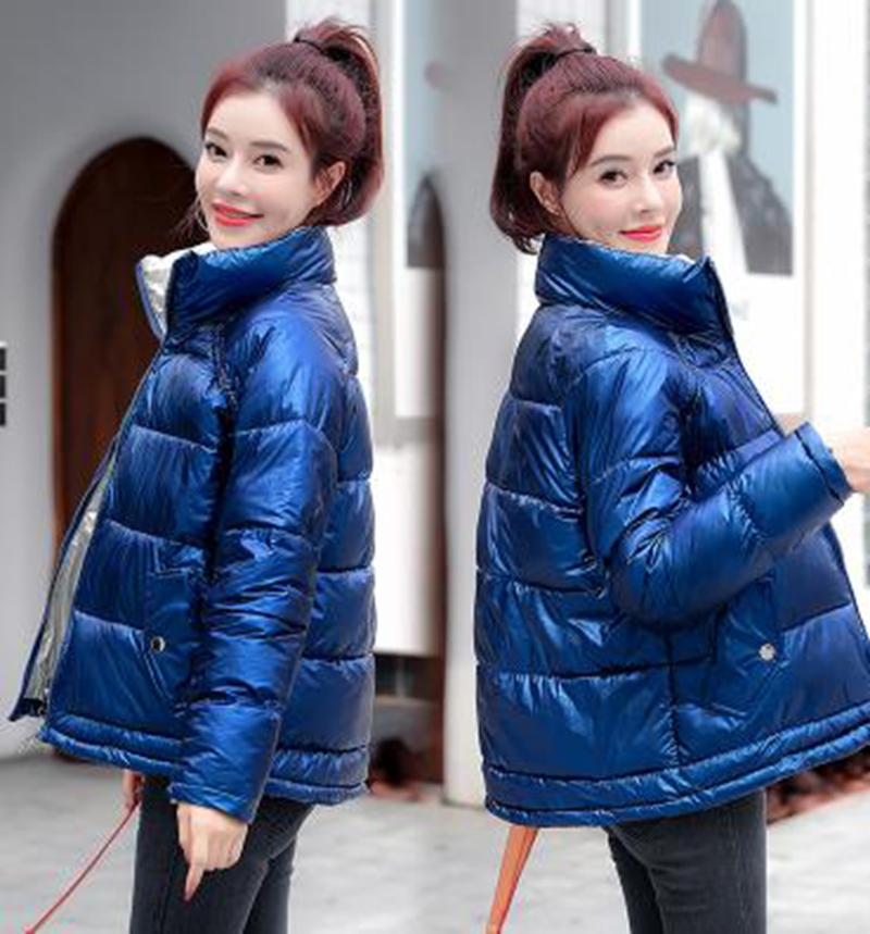 Wholesale fashion women's short winter new style bright leather loose stand-up collar down cotton bread jacket, Blue 
Wholesale fashion women's short winter new style bright leather loose stand-up collar down cotton bread jacket, Blue