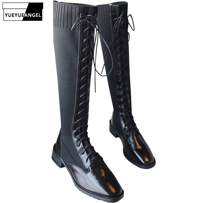 Fashion Winter Women Lace Up Knee High Boots Sexy Strechy Patchwork Shoes Square Toe Block Low Heels Bikers Riding Knight Boots, Black
Fashion Winter Women Lace Up Knee High Boots Sexy Strechy Patchwork Shoes Square Toe Block Low Heels Bikers Riding Knight Boots, Black