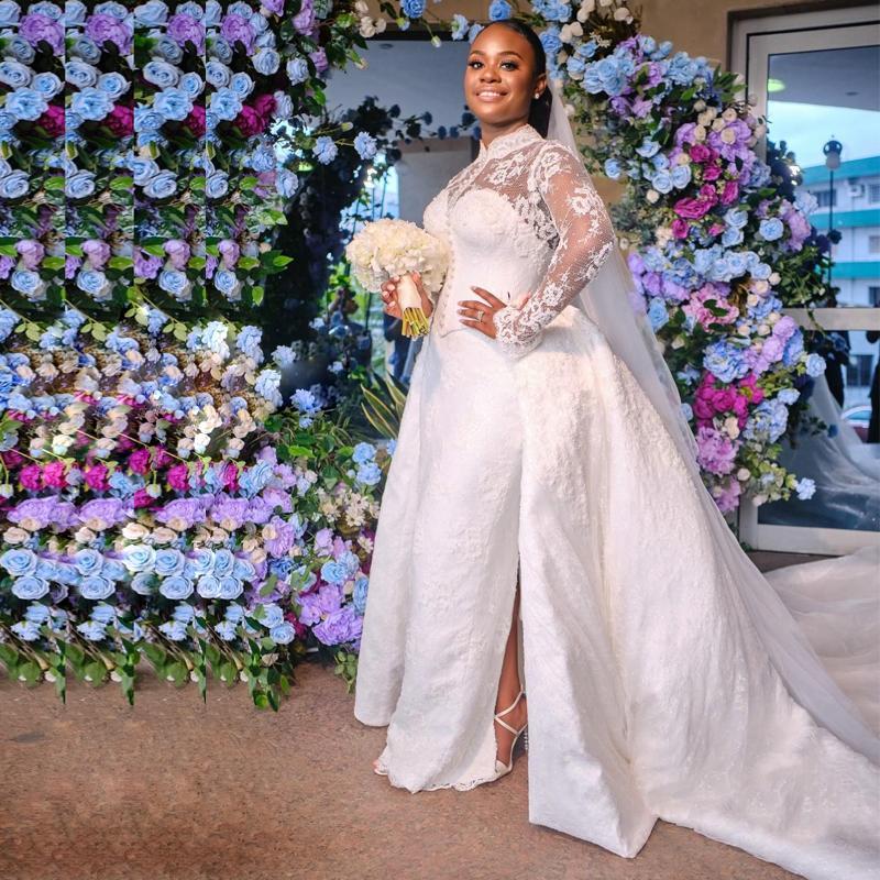 Luxury African Nigeria Mermaid Wedding Dresses With Detachable Train 2021 Elegant High Neck Lace Long Sleeve Castle Wedding Gowns Plus Size
