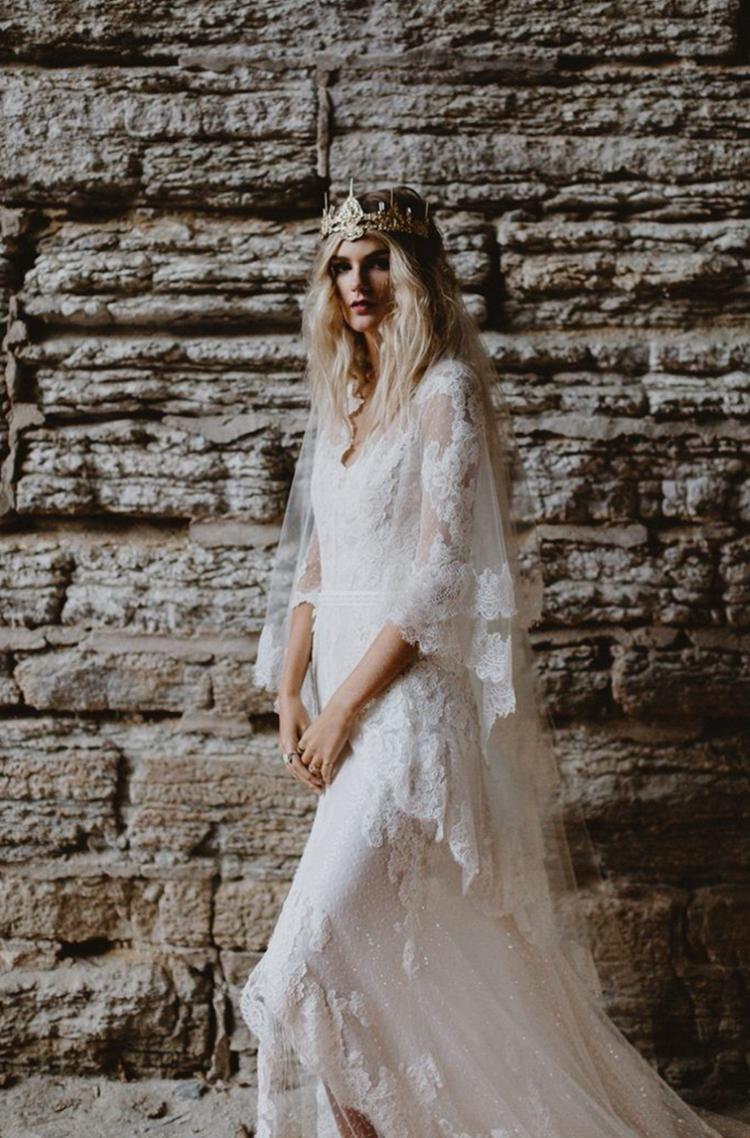 Boho Dresses Half Sleeves Lace Illusion Back High Low V Neck Custom Made Country Wedding Bridal Gown Robe De Marie