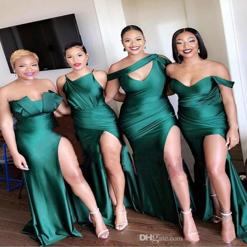 Sexy Side Split Mermaid Prom Dresses Deco Art Inspired Neck Satin Bridesmaid Dress Party Gowns Sweep Train Special Evening Dresses