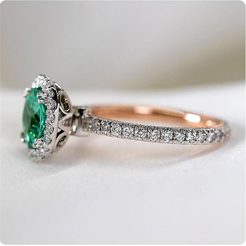CZ Ring - Sterling Sier & Rose Gold Filled Round Cut Emerald Ring, Size 6-10, Elegant Crown Design for Women's Wedding Party Free shipping