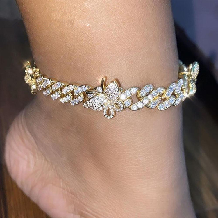 Iced Out Diamond Women Body Chain Jewelry Rhinestone Cuban Link Anklets Gold Silver Pink Butterfly Bracelets