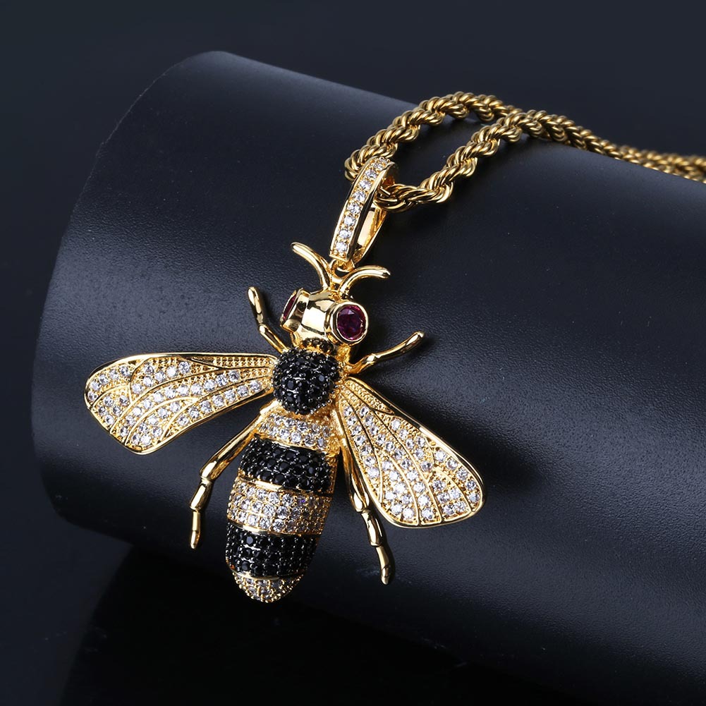 Iced Out Pendant Hip Hop Jewelry Micropave Simulated Diamond CZ Bling Bee Pendant Necklace with Rope Chain for Men Luxury Designer