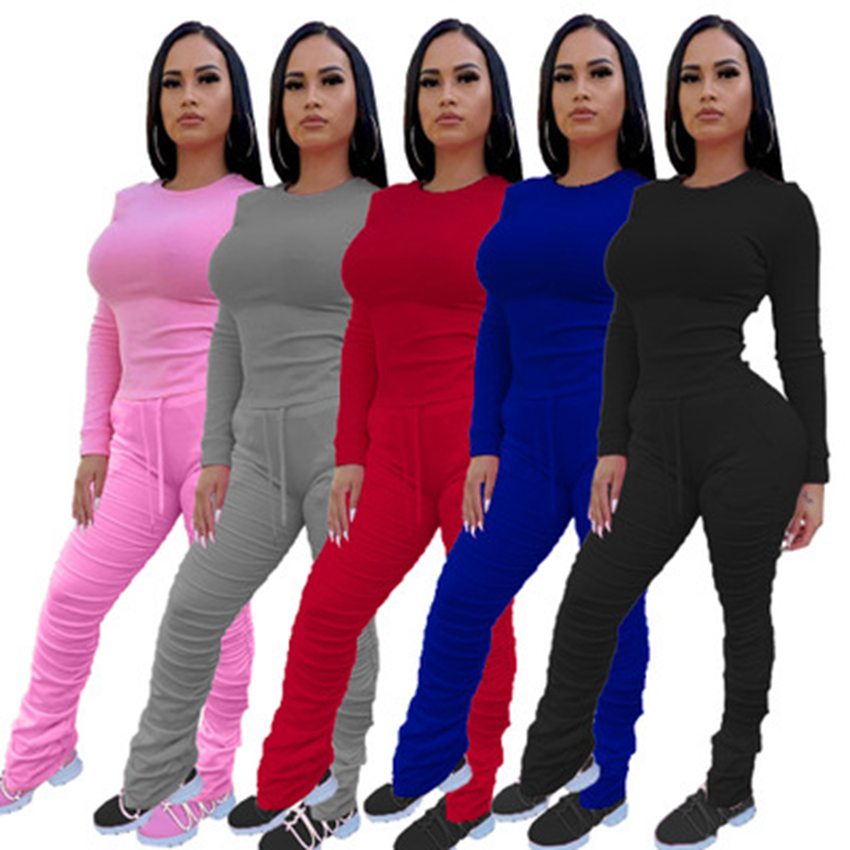 Spot Pants European and American spring summer women's fashion pleated solid color long sleeve suit
