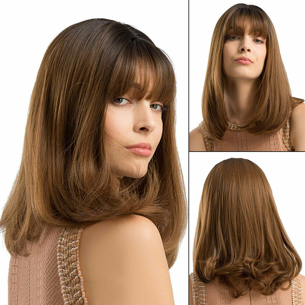 Women Short Curly Bob Wig Synthetic Brown Wig With Bangs Party Daily Prop