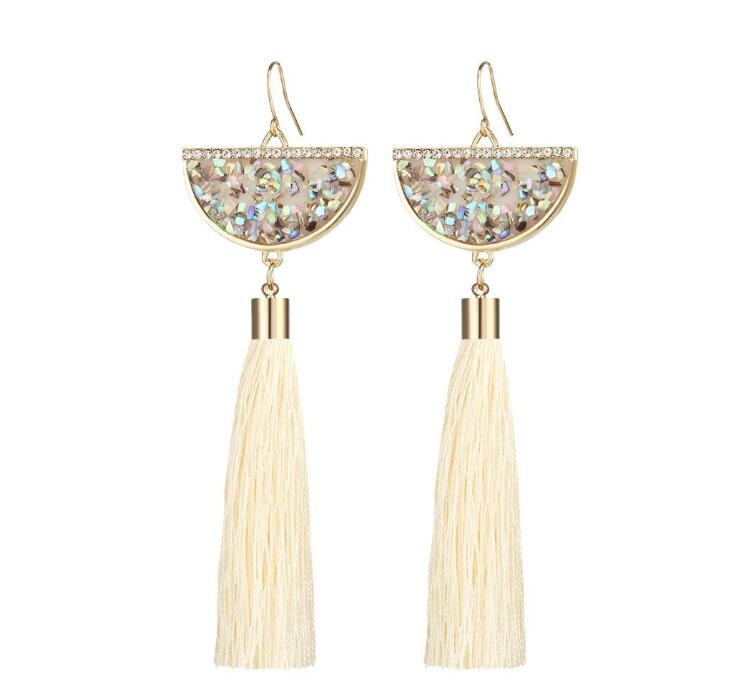 Bohemian Crystal Tassel Earrings Black White Blue Red Green Silk Fabric Long Drop Dangle Tassels Earrings For Women Jewelry Gifts GD556