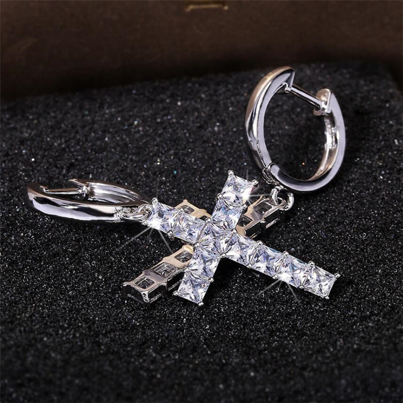 Vintage Sterg Sier Gold Fill Radiant Cut White Topaz Cross Dangle Earrings
