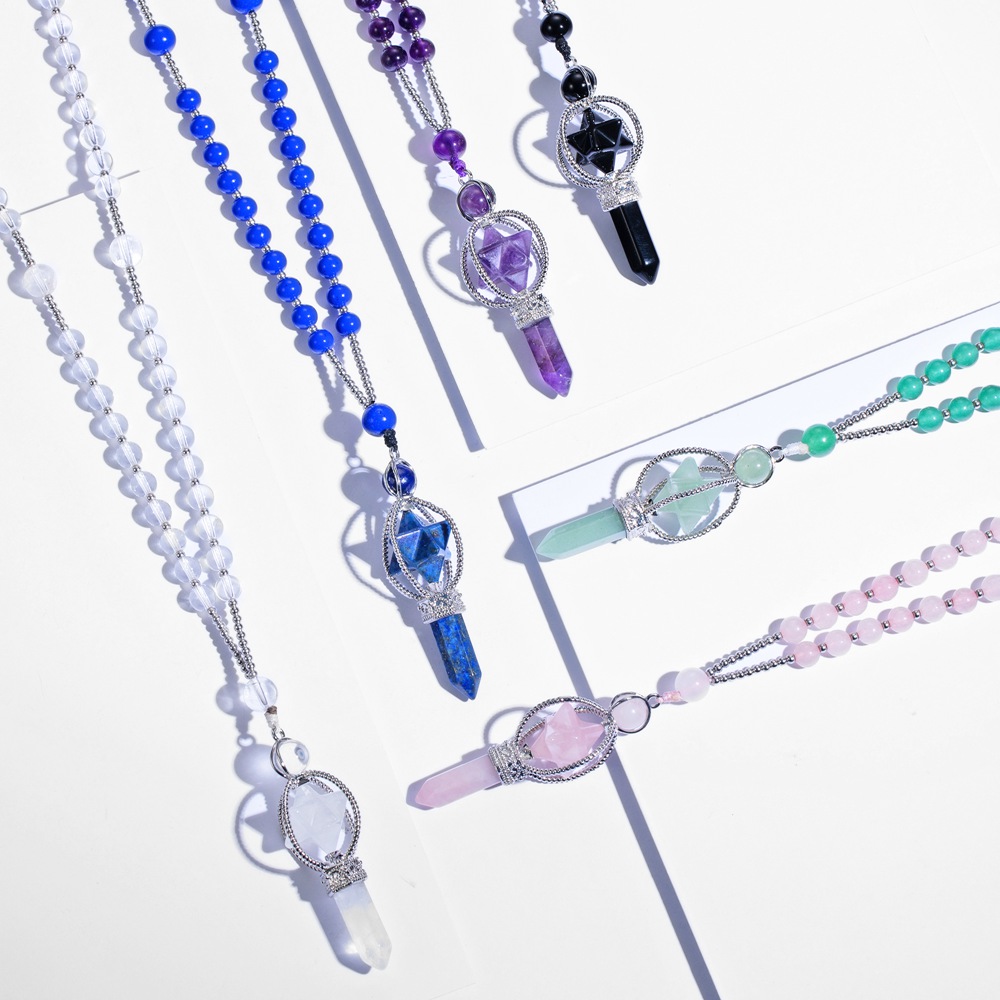 QIMOSHI Natural Crystal Rotate Merkaba Star Stone Chakra Pendant Necklace Hexagonal Pointed Energy Reiki Healing Rose Quartz Amethyst