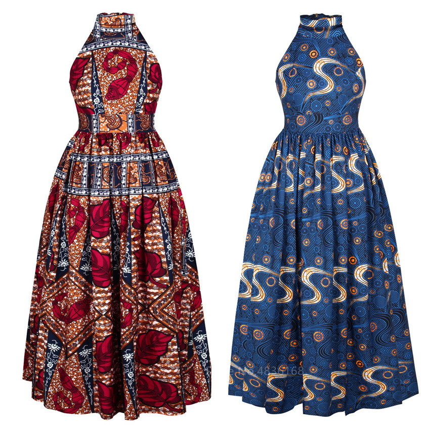 Fashion 2020 Sleeveless African Dresses for Women Sexy Dashiki Print Long Robe Halter Ladies Ankara Africaine Plus Size Clothing CX200813