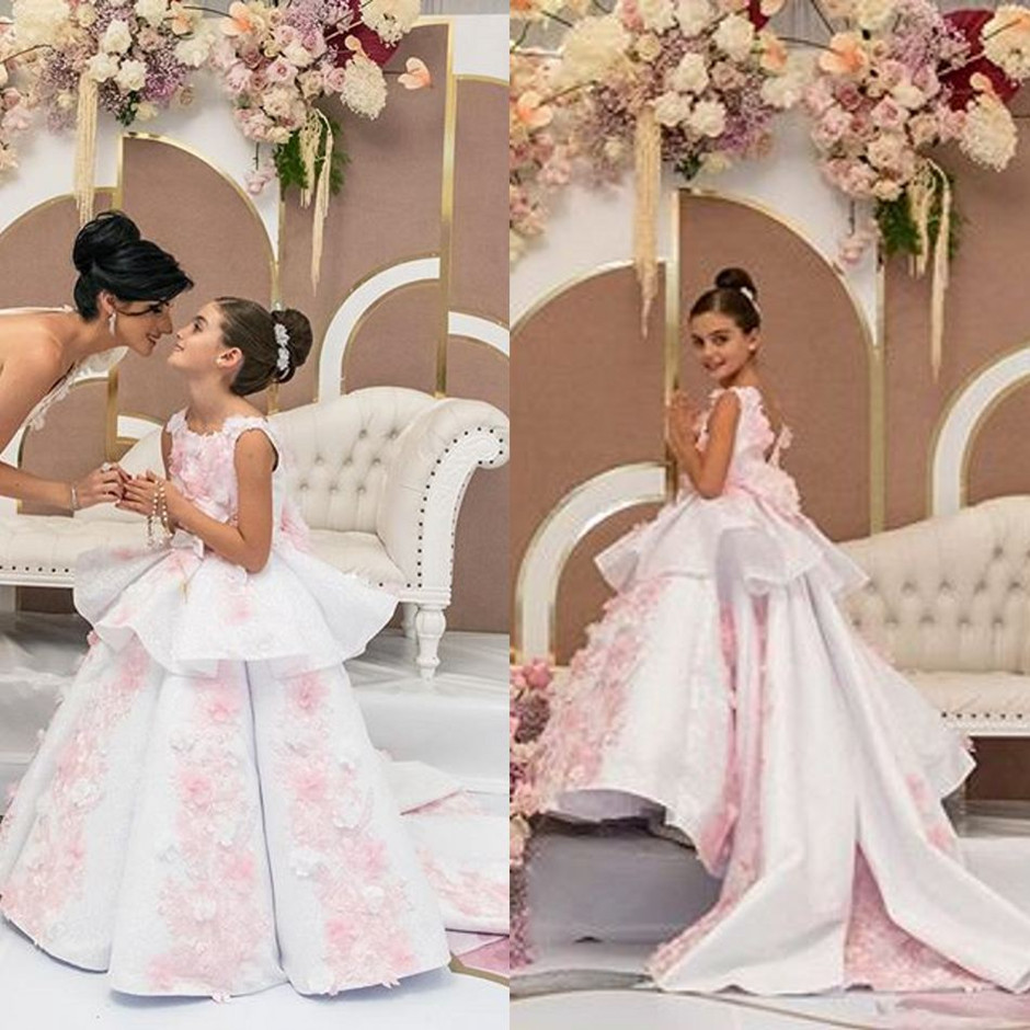hot pink flower girls dresses 3d flower jewel neck tiered ruffles kids formal dress appliques ball gown birthday party gowns