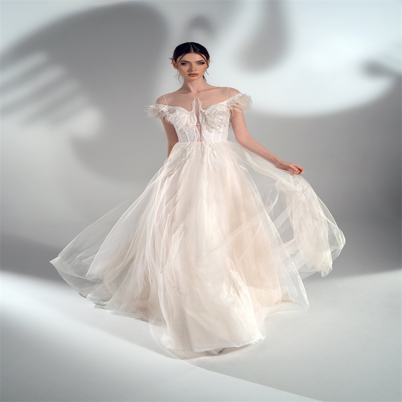 Papilio A-line Gorgeous Wedding Dresses 2025 Newest Illusion Feather Appliqued Ruched Tulle Bridal Gown Church Robes De Marine