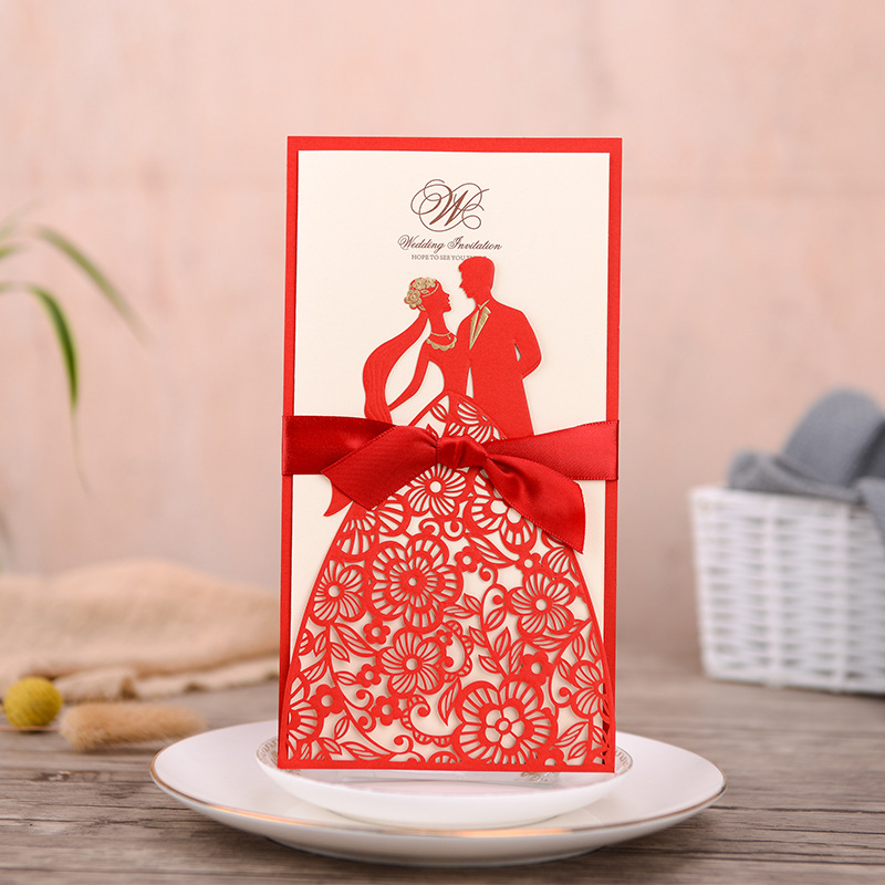 Unique Hollow Engraving Wedding Invitations Creative Brides Couples Cards Red Navy Bronze Cover Foil Stamping Vintage Wedding Invitation
