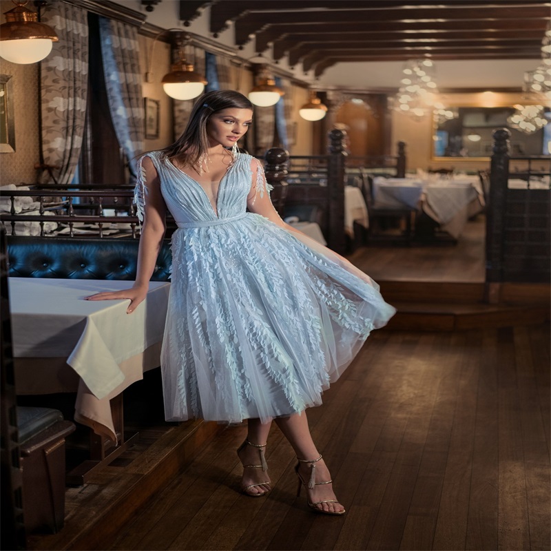 Papilio Light Sky Blue Party Dresses Leaf Appliqued Lace Sequins Sweep Train Evening Dress Sexy Backless Custom Made Party Gown Hot Sale