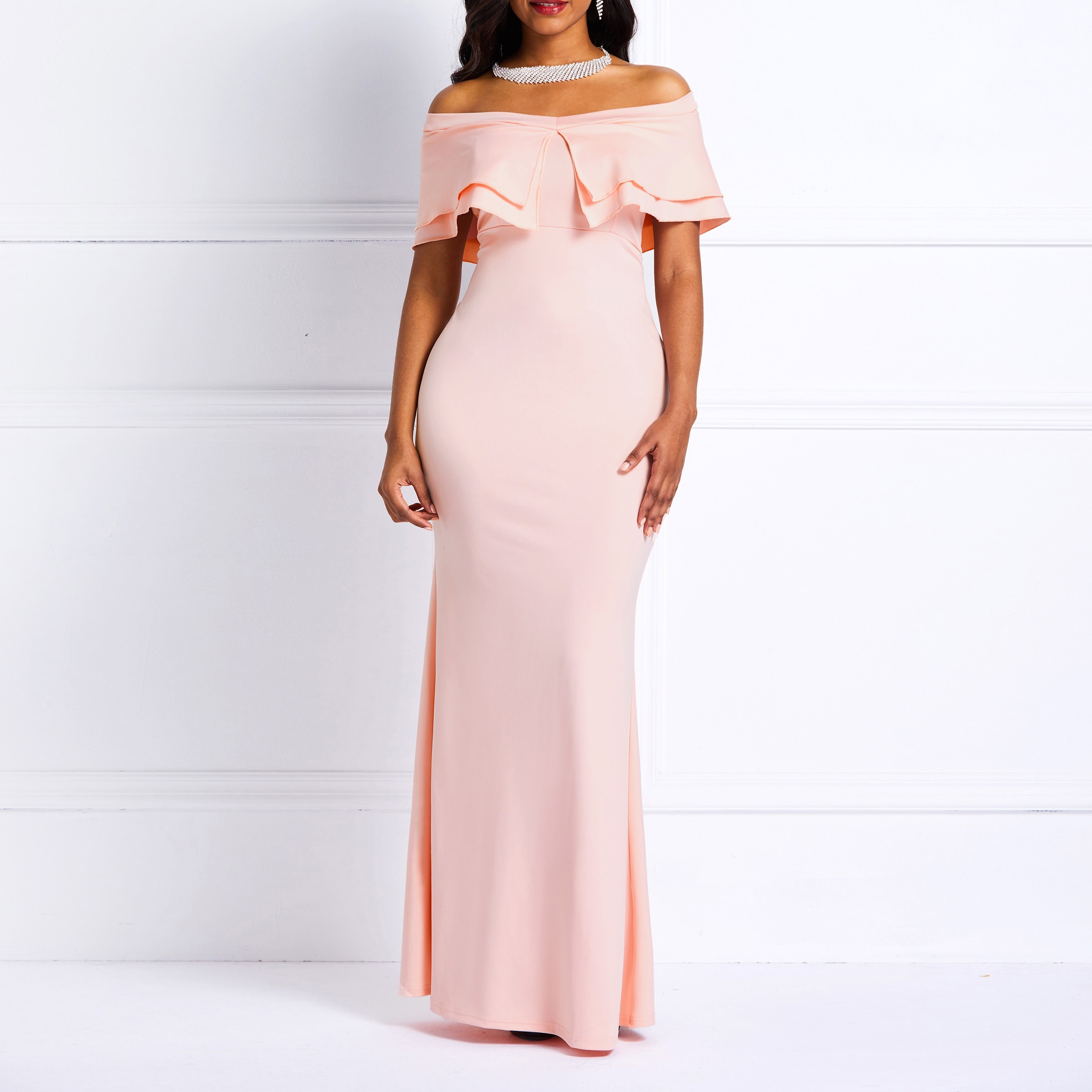Sexy Off Shoulder Mermaid Dress Women High Waist Ruffles Slash Neck Prom Evening Floor Length Pink Sweet Elegant Bodycon Dresses MX200804