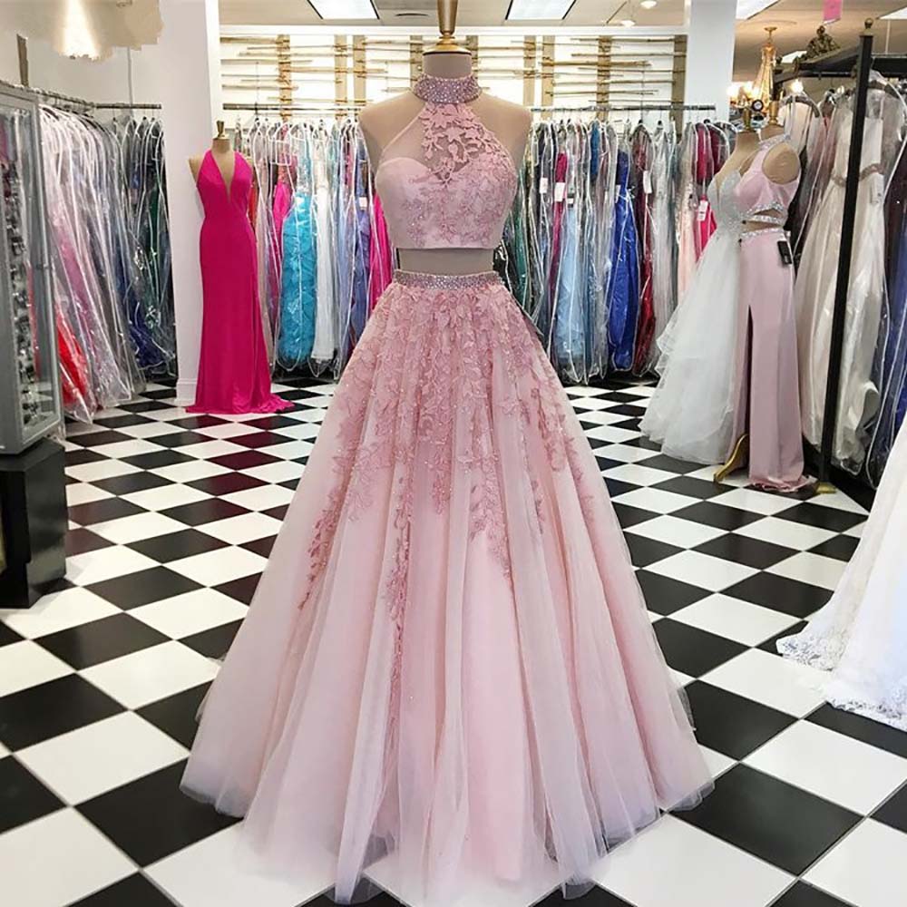 Pink Prom Dresses New High Neck Beaded Halter Tulle Lace Two Pieces Party Maxys Long Prom Gown Evening Dress