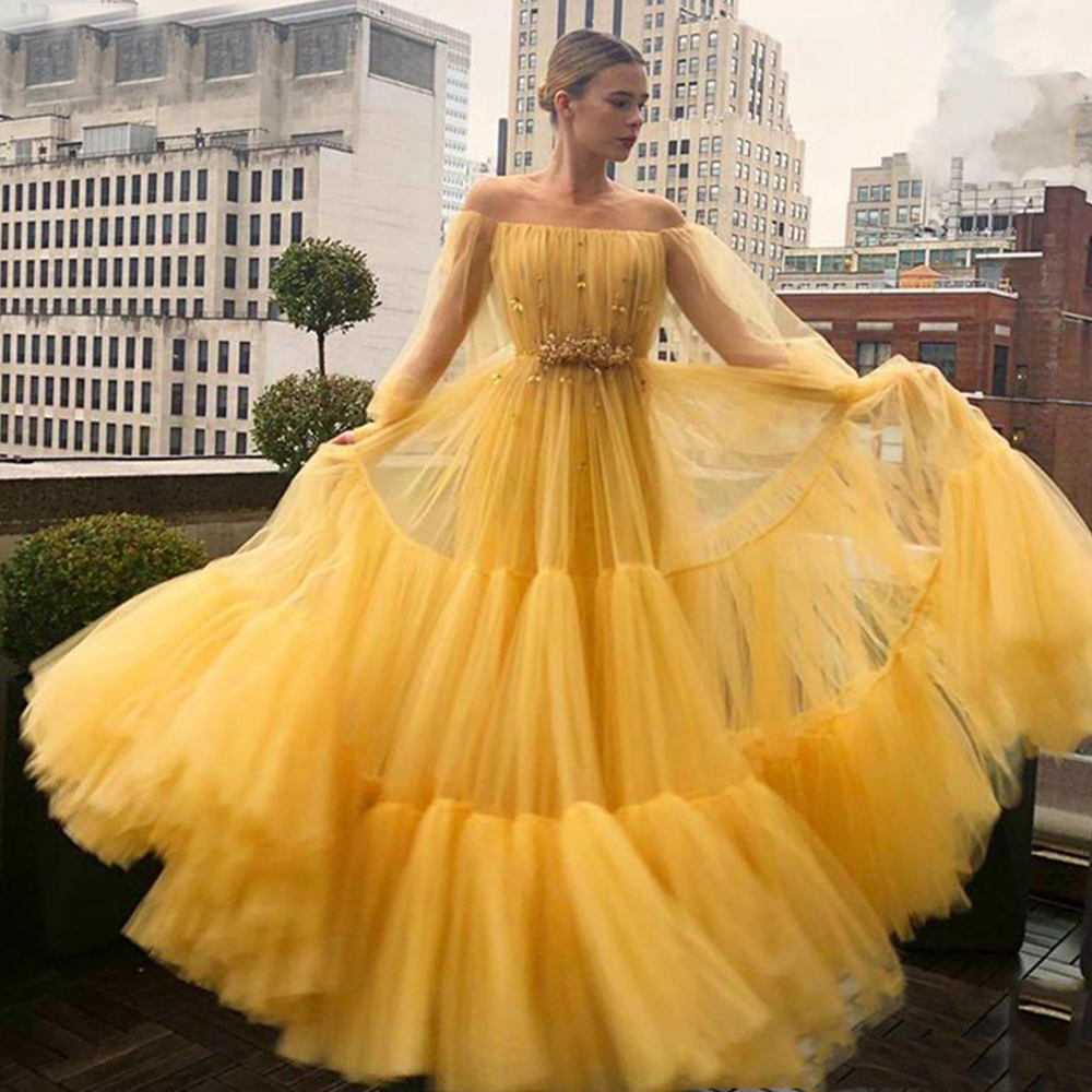 Bright Yellow Evening Dress Tiered Skirt Bead Waist Girl Prom Gown Tulle Long Sleeves Off Shouler Formal Party Dress A line
