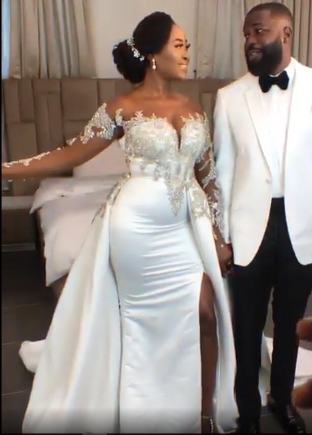 2020 Plus Size Arabic Aso Ebi Luxurious Crystals Lace Wedding Dresses Sheer Neck Mermaid Bridal Dresses High Split Wedding Gowns JJ023