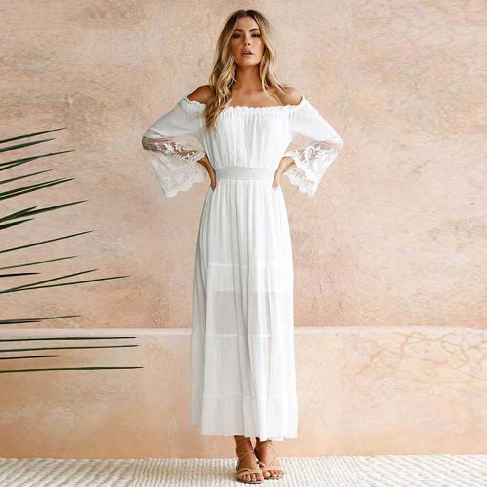 WildPinky Summer Sundress Women White Beach Dress Strapless Long Sleeve Loose Sexy Off Shoulder Lace Boho Chiffon Maxi Dress 200928