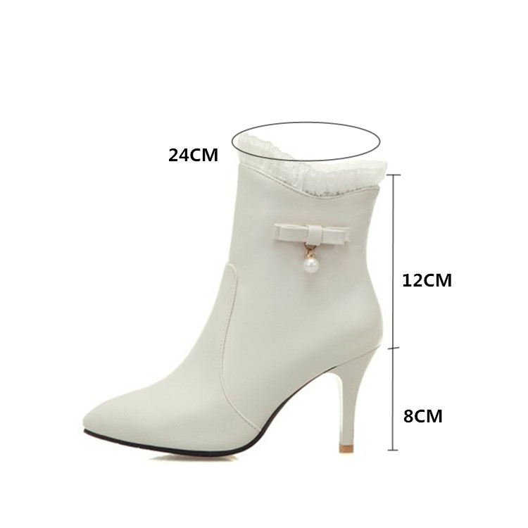 PXELENA Winter Shoes Women Black White Beige Bride Wedding Ankle Boots Stiletto Thin High Heels Ruffles Bow tie Pearl Footwear