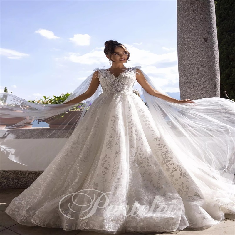 Newest Gorgeous Wedding Dresses 3D-Floral Appliqued Feather Chapel Bridal Gown V-neck Sleeveless Ruched Tulle Custom Made Vestidos De Novia