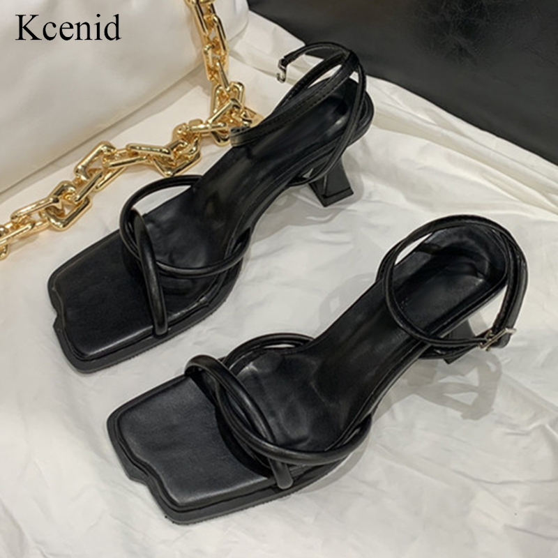 

Kcenid New gladiator sandals women square toe high heels sandal shoes fashion narrow band ankle strap pumps ladies shoes black, Apricot