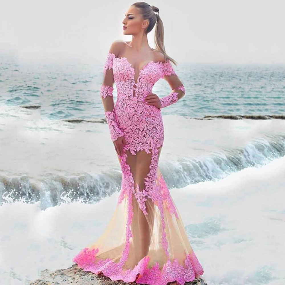 Elegant O Neck Off the shoulder Long Mermaid Evening Dresses Custom Made With Lace Appliques Formal Evening Gowns mariage