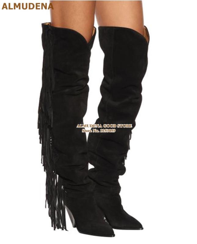 ALMUDENA Spike Heels Fringe Over-the-knee Boots Black Suede Pointed Toe Thigh High Tassel Boots Ankle Strap Gladiator Shoes Size, Black as picture
ALMUDENA Spike Heels Fringe Over-the-knee Boots Black Suede Pointed Toe Thigh High Tassel Boots Ankle Strap Gladiator Shoes Size, Black as picture