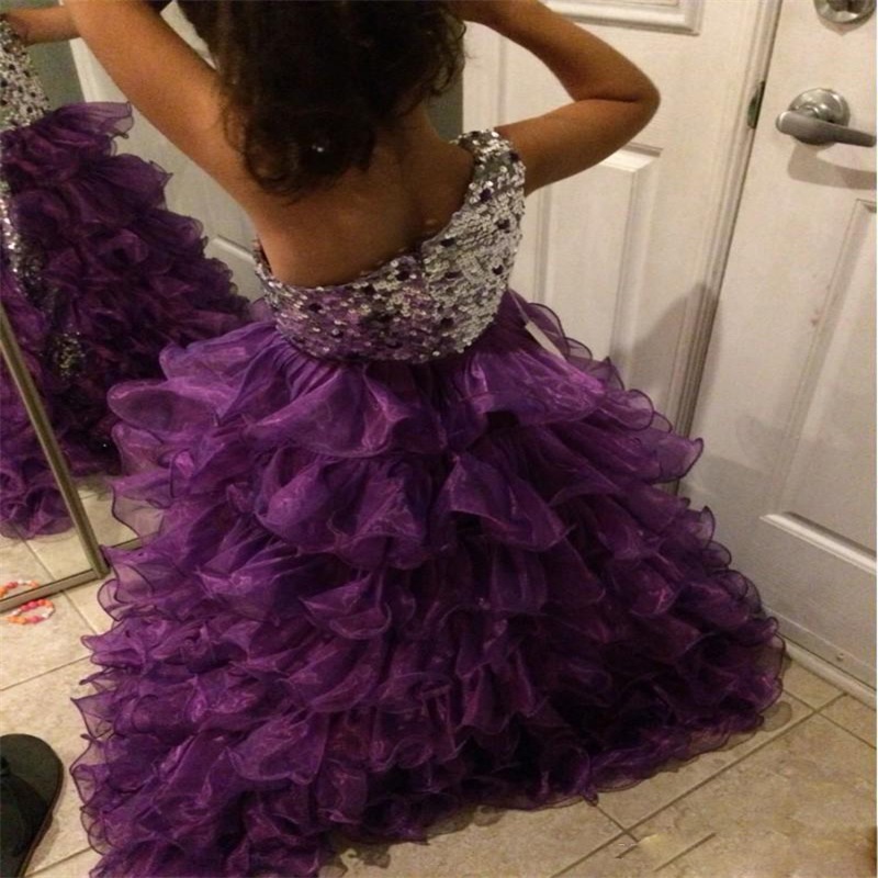 hot sale purple flower girls dresses lace appliqued sequins oneshoulder tiered tulle first communion dress sweep train kids formal wear