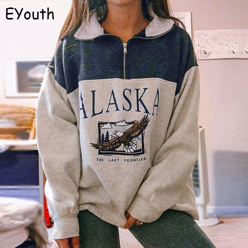 Fashion women's cotton Stand collar half zipper letter printing long sleeve sweatshirts Vintage Grey casual loose sweatshirt 200922