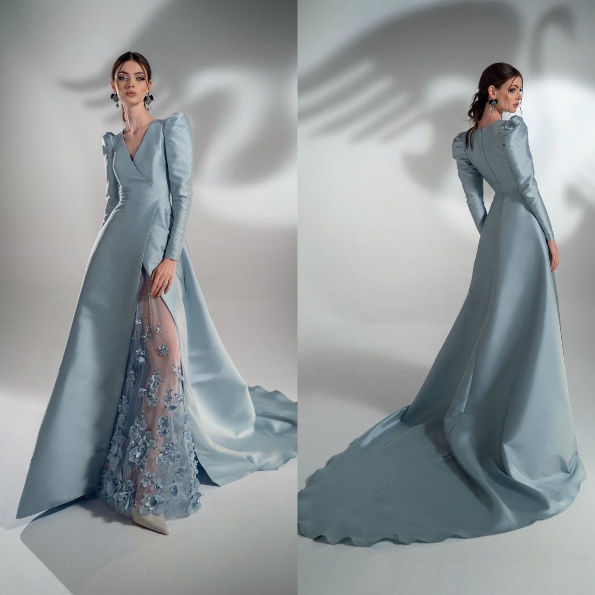 2021 Elegant Evening Dresses Satin V Neck Long Sleeve 3D ral Appliques Prom Dress Side Split Celebrity Runway Fashion Gowns