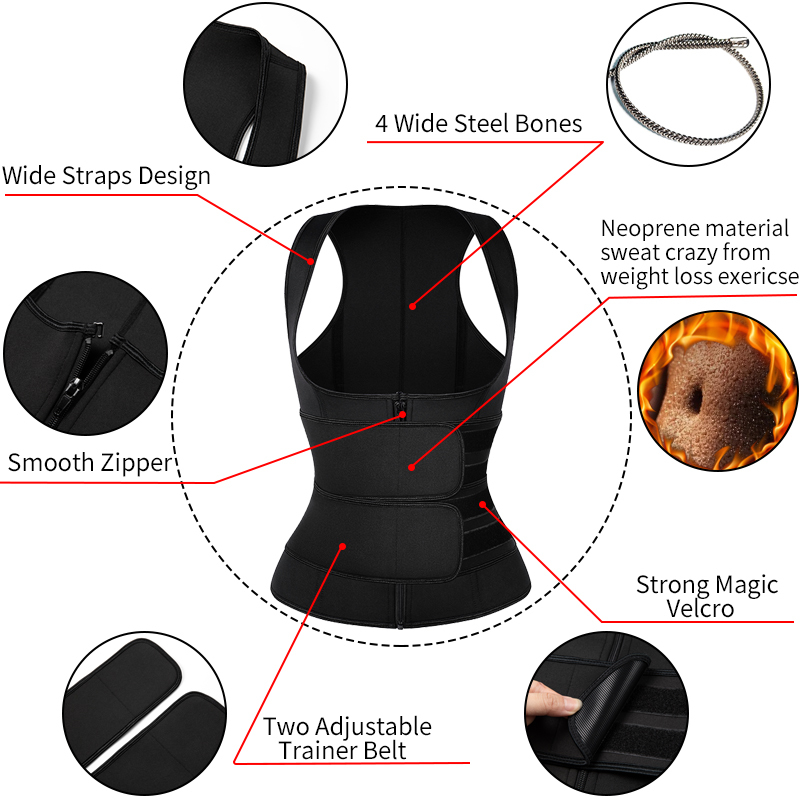 Women Waist Trainer Corset Zipper Vest Neoprene Body Shaper Cincher Tank Top with Adjustable Straps Waist Shapewear T200819