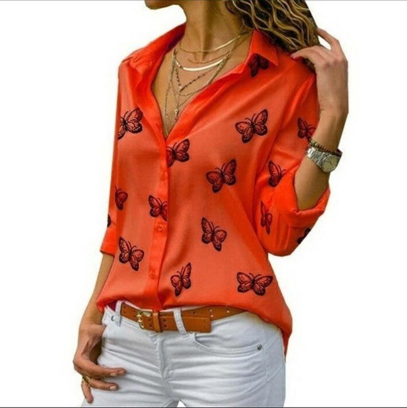 S-5XL Plus Size Tops Women Blouse Turn Down Collar Long Sleeve Chiffon Shirt Office Ladies Korean Butterfly Print Blouses Blusas