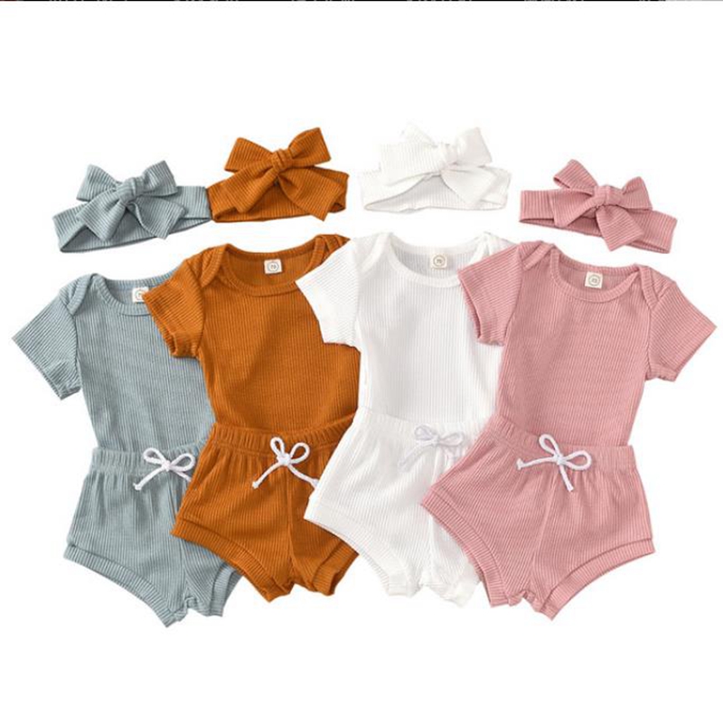 Baby Girl Clothes Set Solid Toddler Girls Rompers Shorts Headband 3pcs Sets Short Sleeve Children Outfits Boutique Summer Baby Clothing 5796