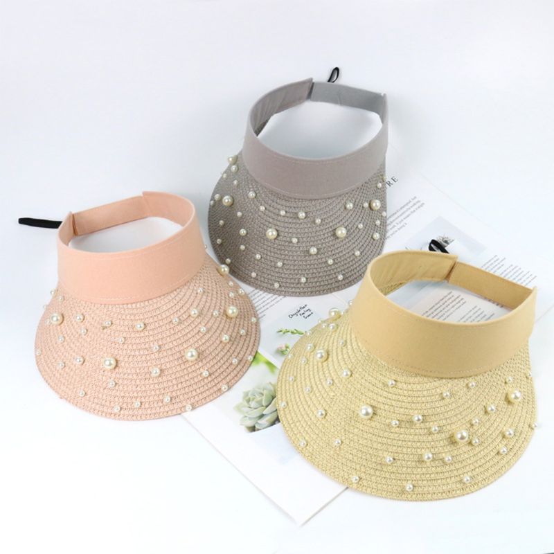 Women Summer Outdoor Sunscreen Straw Cap Empty Top Imitation Pearl Beaded Jewelry Wide Brim Adjustable Beach Sun Visor Hat, Bk
Women Summer Outdoor Sunscreen Straw Cap Empty Top Imitation Pearl Beaded Jewelry Wide Brim Adjustable Beach Sun Visor Hat, Bk