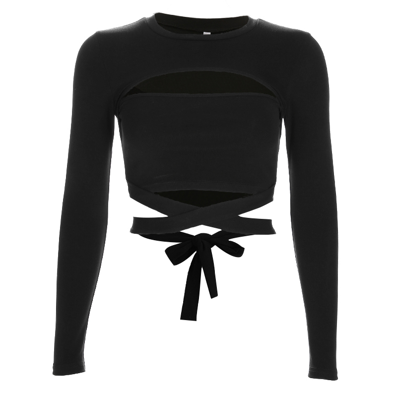 Rapwriter Sexy Hollow Out Waist Cross Cotton Long Sleeve Crop Tees Women Streetwear ONeck Skinny Skinny TShirt feminina