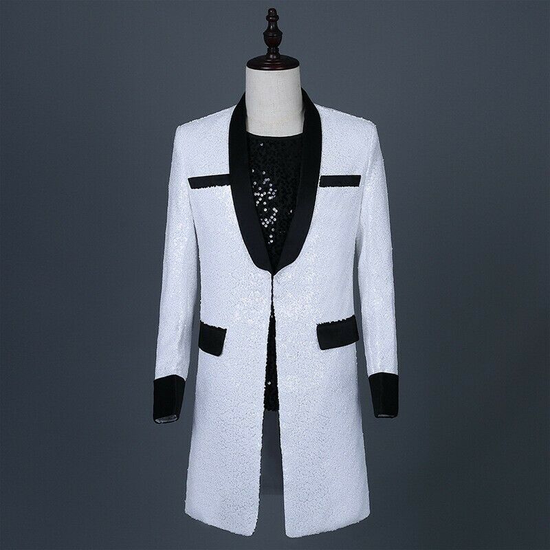 Wedding Groom Tuxedos Sequings White & Black One Piece Mens Coat Magician Performance CostumeTuxedos Cheap Stock XXXL