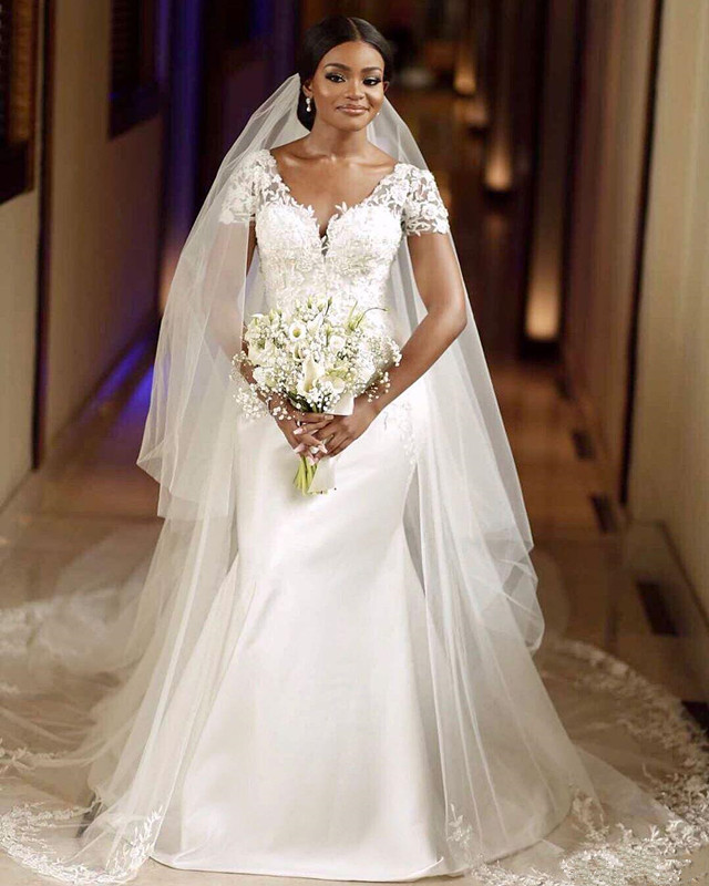 Arabic Aso Ebi Mermaid Wedding Dresses with Detachable Train 2021 Lace Stain V-neck Princess Bride White Dress Vestidos playa