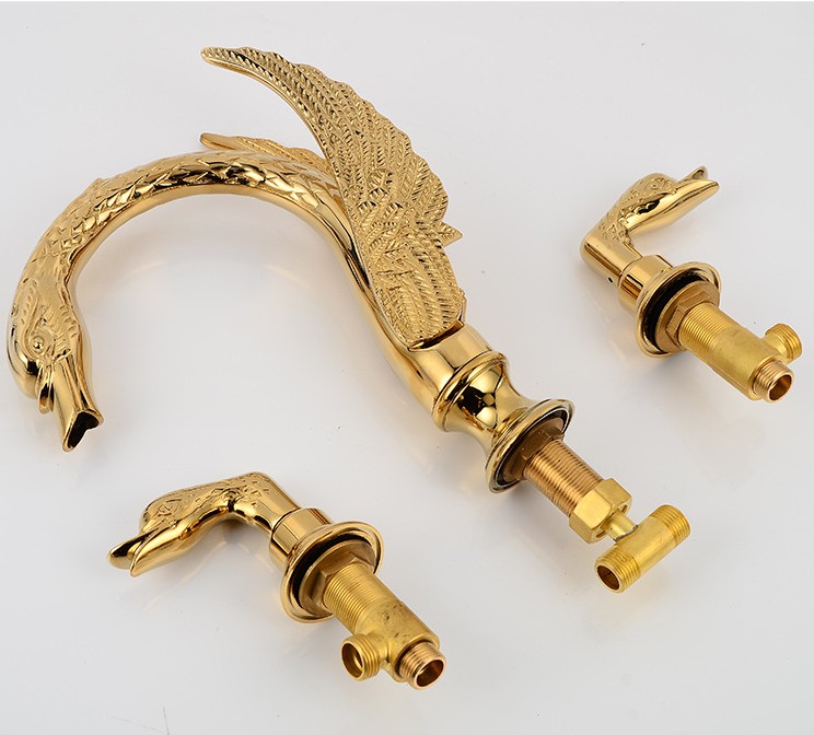 Soild Copper Gold Finish Bathroom Faucet Golden Swan Shape Basin Tap Dual Handle Deck Mount