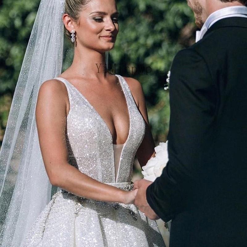 Sparkle Sequined Deep V Neck Wedding Dress A Line Sweep Train Arabic Dubai Bridal Gowns vestidos de novia Plus Size
