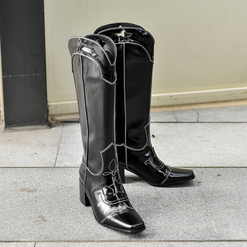 Shiny black leather cowboy boots slim fit knee high long boots women's winter plus size shoes 43
Shiny black leather cowboy boots slim fit knee high long boots women's winter plus size shoes 43