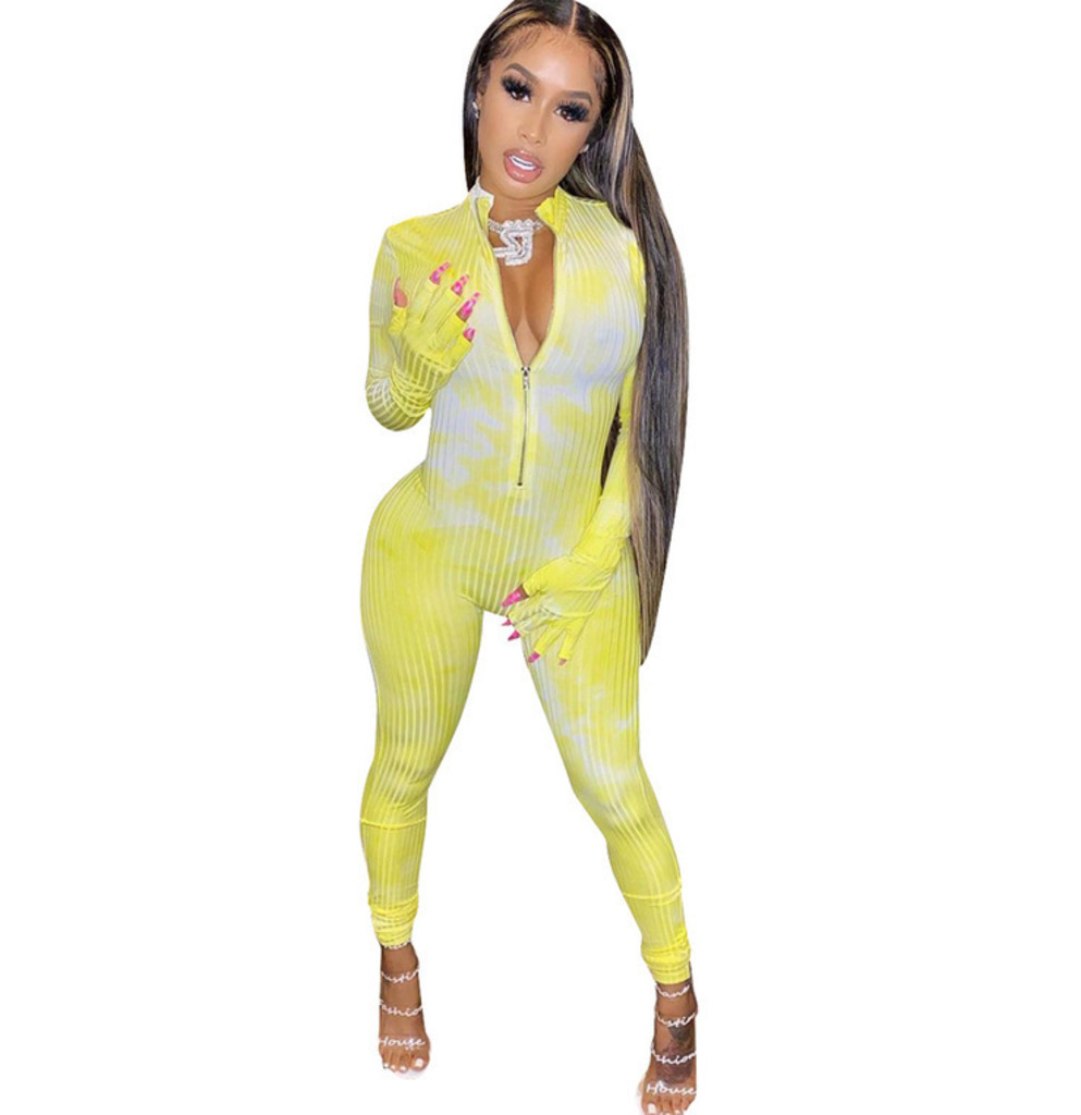 New Sexy Womens dresses Onesies Desinger Jumpsuit Rompers Tie Dyed Print Slim Long Sleeve Zipper Ladies Casual Pant One Piece Clothing
