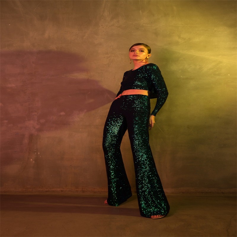 Glitter Sequins Crystal Jumpsuit Hot Sale Jewel Long Sleeves Evening Dress Custom Made Dark Green Party Gown Red Carpet Dress