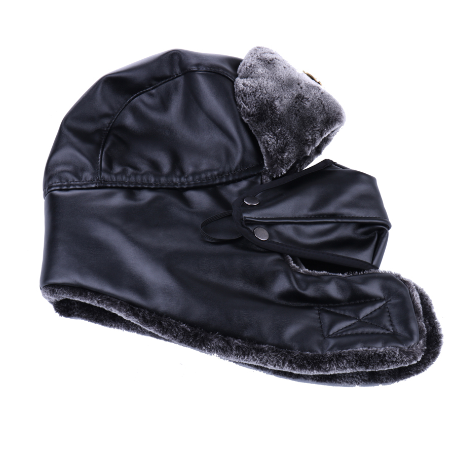 Bomber Hat Russian Ushanka PU Leather Winter Trapper Soviet Badge Army Aviator Trooper Neck Cover Earflap Snow Ski Cap with Mask T200819