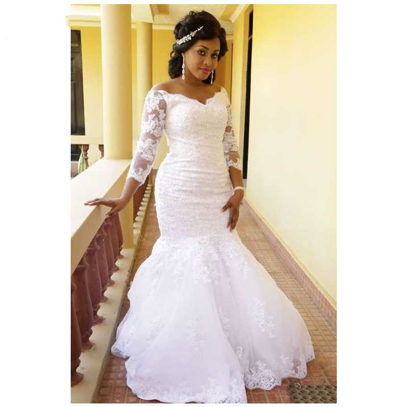 Vintage V Neck Lace Mermaid Wedding Dresses Illusion Long Sleeve Appliques Plus Size African Garden Chapel Bridal Gowns Vestidos De Novia